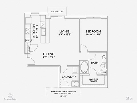 Floor plan for 1 bed, 1 bath, 866 sqft